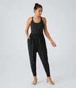 Backless Twisted U Neck Side Pocket Harem Casual Jumpsuit