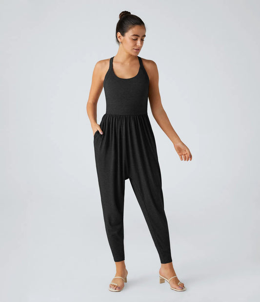 Backless Twisted U Neck Side Pocket Harem Casual Jumpsuit
