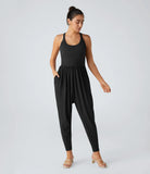 Backless Twisted U Neck Side Pocket Harem Casual Jumpsuit