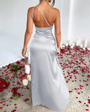 Lissher Sexy One Shoulder Satin High Split Maxi Formal Dress