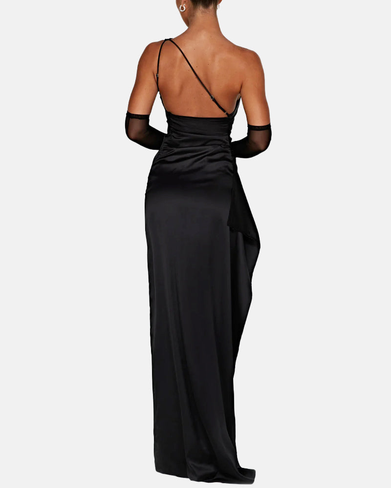 Lissher Sexy One Shoulder Satin High Split Maxi Formal Dress
