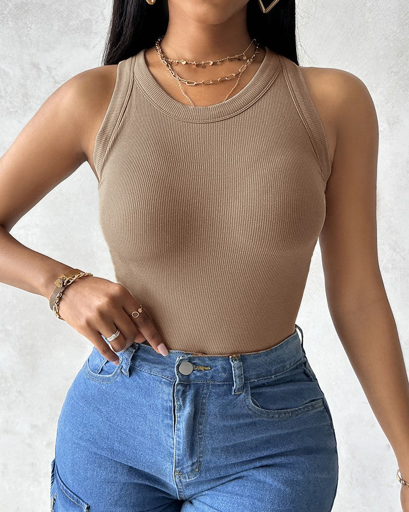 Round Neck Ribbed Tank Top with Built in Bra