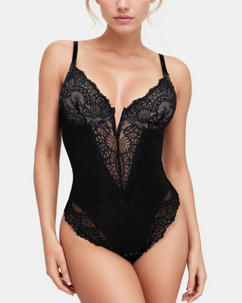 Deep-V Neck Lace Thong Bodysuit