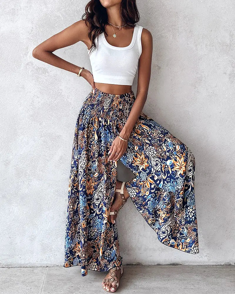 Floral Print High Waist Shirred Wide Leg Pants
