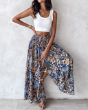 Floral Print High Waist Shirred Wide Leg Pants