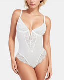 Deep-V Neck Lace Thong Bodysuit