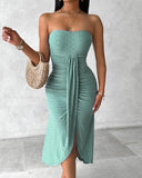 Embroidery Slit Cinched Waist Bandeau Vacation Dress