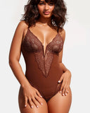 Deep-V Neck Lace Thong Bodysuit