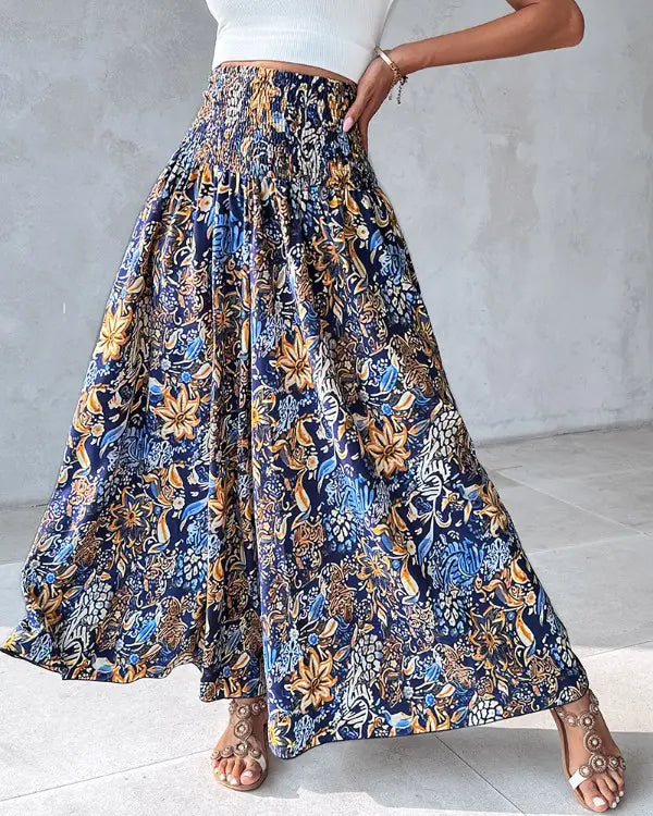 Floral Print High Waist Shirred Wide Leg Pants
