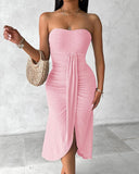 Embroidery Slit Cinched Waist Bandeau Vacation Dress