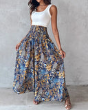 Floral Print High Waist Shirred Wide Leg Pants