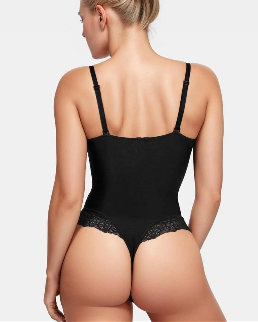 Deep-V Neck Lace Thong Bodysuit