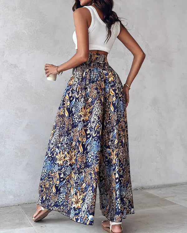 Floral Print High Waist Shirred Wide Leg Pants