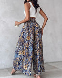 Floral Print High Waist Shirred Wide Leg Pants