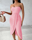 Embroidery Slit Cinched Waist Bandeau Vacation Dress