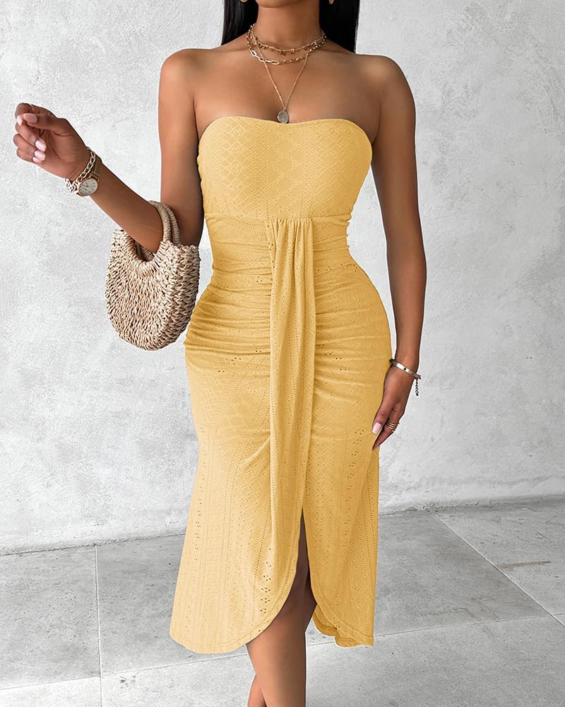 Embroidery Slit Cinched Waist Bandeau Vacation Dress