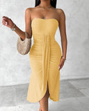 Embroidery Slit Cinched Waist Bandeau Vacation Dress