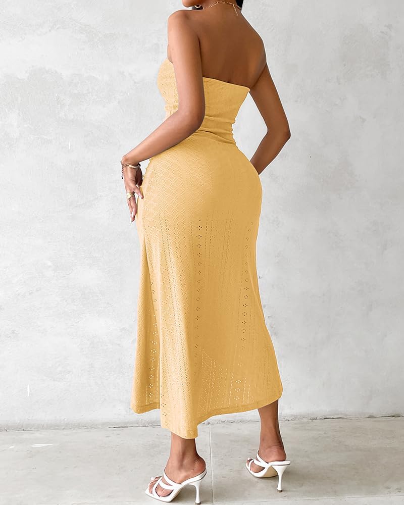 Embroidery Slit Cinched Waist Bandeau Vacation Dress