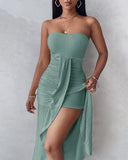 Embroidery Slit Cinched Waist Bandeau Vacation Dress