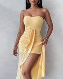 Embroidery Slit Cinched Waist Bandeau Vacation Dress