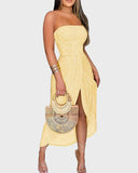 Embroidery Slit Cinched Waist Bandeau Vacation Dress