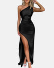 Lissher Sexy One Shoulder Satin High Split Maxi Formal Dress