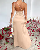 Lissher Sexy One Shoulder Satin High Split Maxi Formal Dress
