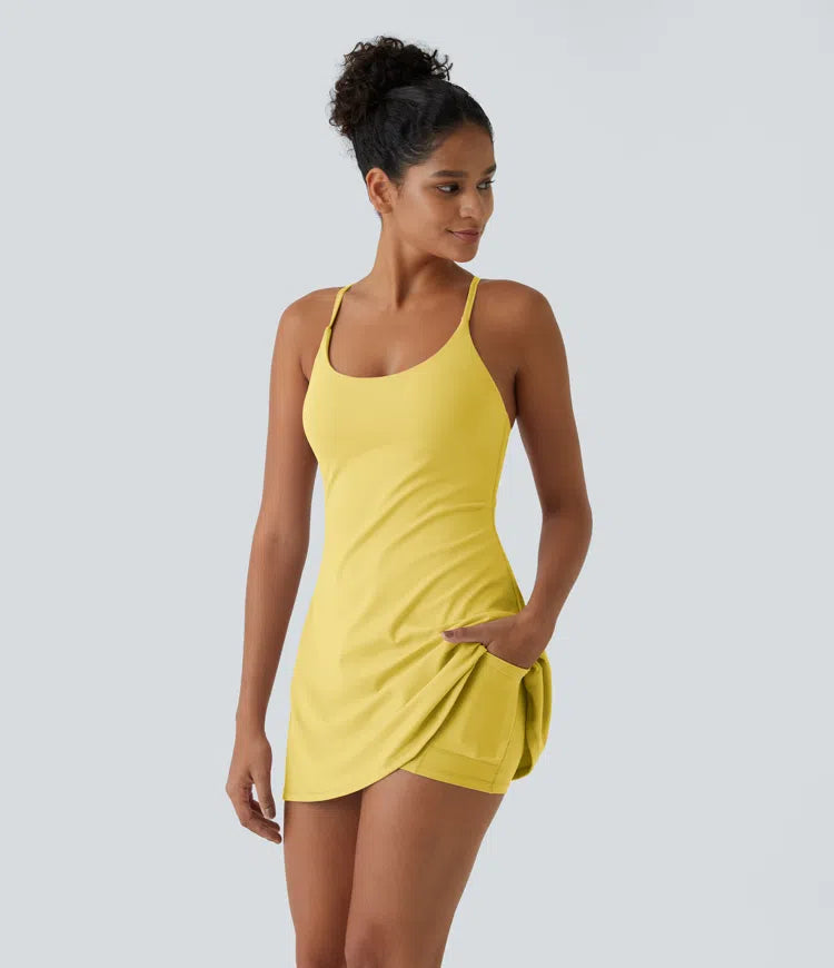 Athletic Golf Workout Dress with Built-in Shorts and Bra, Adjustable Straps & Pockets