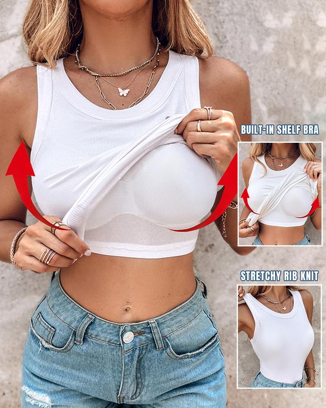 Round Neck Ribbed Tank Top with Built in Bra