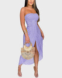 Embroidery Slit Cinched Waist Bandeau Vacation Dress