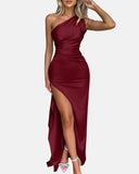 Lissher Sexy One Shoulder Satin High Split Maxi Formal Dress