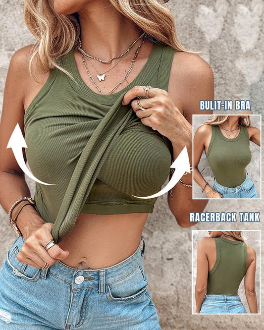 Round Neck Ribbed Tank Top with Built in Bra