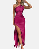 Lissher Sexy One Shoulder Satin High Split Maxi Formal Dress