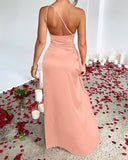 Lissher Sexy One Shoulder Satin High Split Maxi Formal Dress
