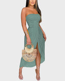 Embroidery Slit Cinched Waist Bandeau Vacation Dress