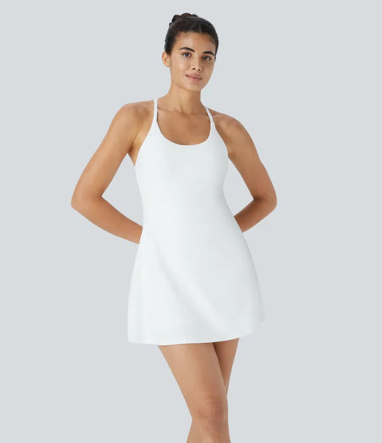 Athletic Golf Workout Dress with Built-in Shorts and Bra, Adjustable Straps & Pockets