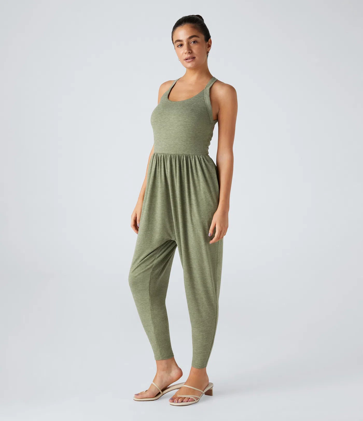 Backless Twisted U Neck Side Pocket Harem Casual Jumpsuit