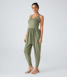 Backless Twisted U Neck Side Pocket Harem Casual Jumpsuit