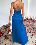 Lissher Sexy One Shoulder Satin High Split Maxi Formal Dress
