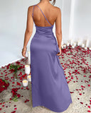 Lissher Sexy One Shoulder Satin High Split Maxi Formal Dress