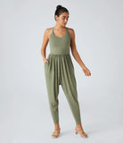 Backless Twisted U Neck Side Pocket Harem Casual Jumpsuit