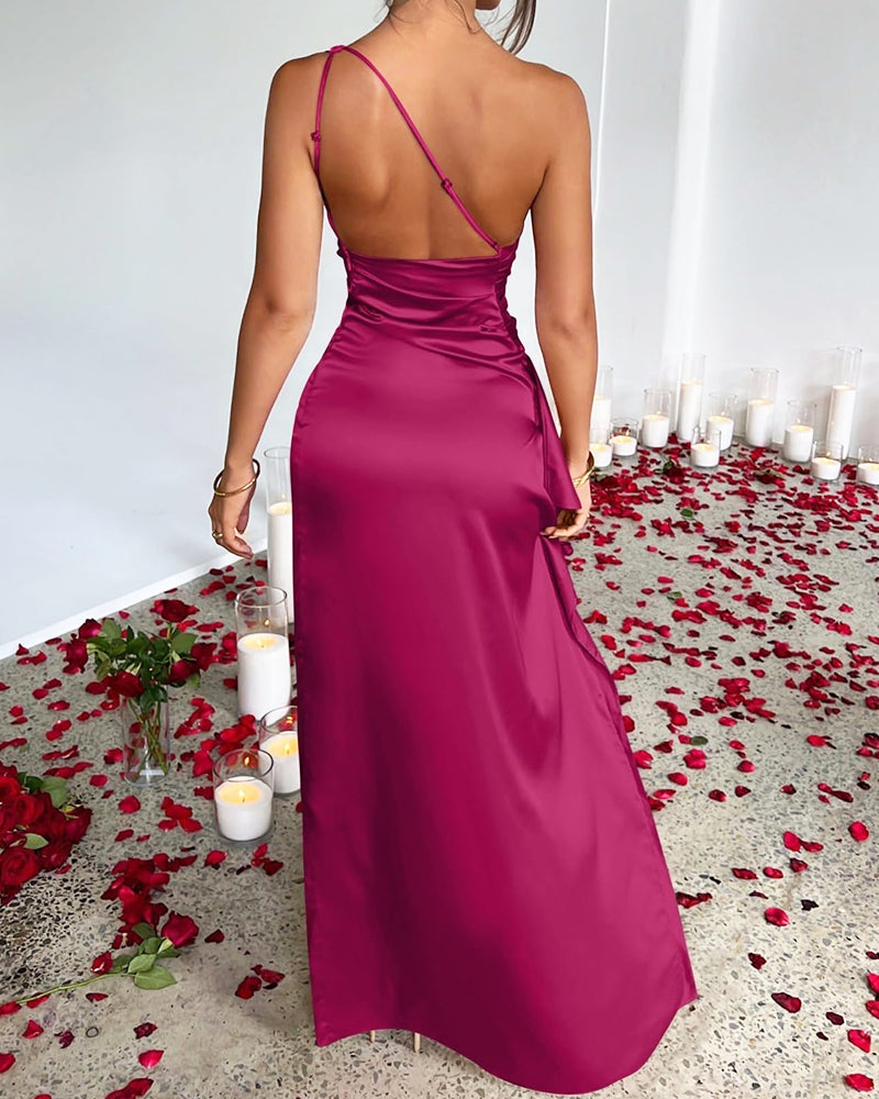 Lissher Sexy One Shoulder Satin High Split Maxi Formal Dress