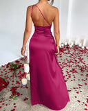 Lissher Sexy One Shoulder Satin High Split Maxi Formal Dress