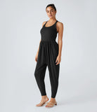 Backless Twisted U Neck Side Pocket Harem Casual Jumpsuit