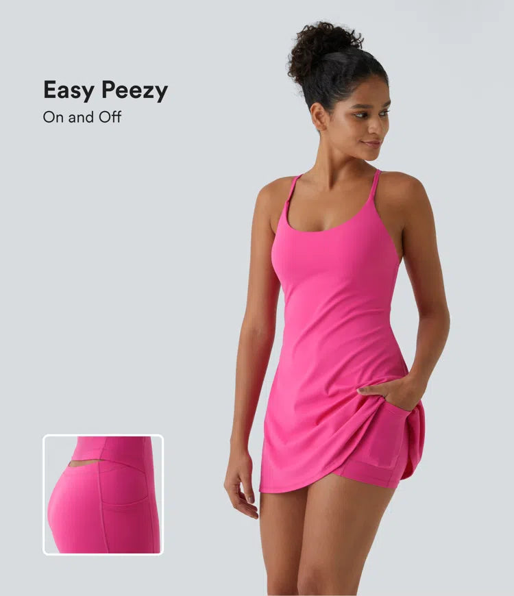 Athletic Golf Workout Dress with Built-in Shorts and Bra, Adjustable Straps & Pockets