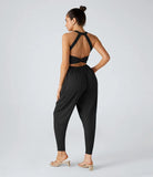 Backless Twisted U Neck Side Pocket Harem Casual Jumpsuit