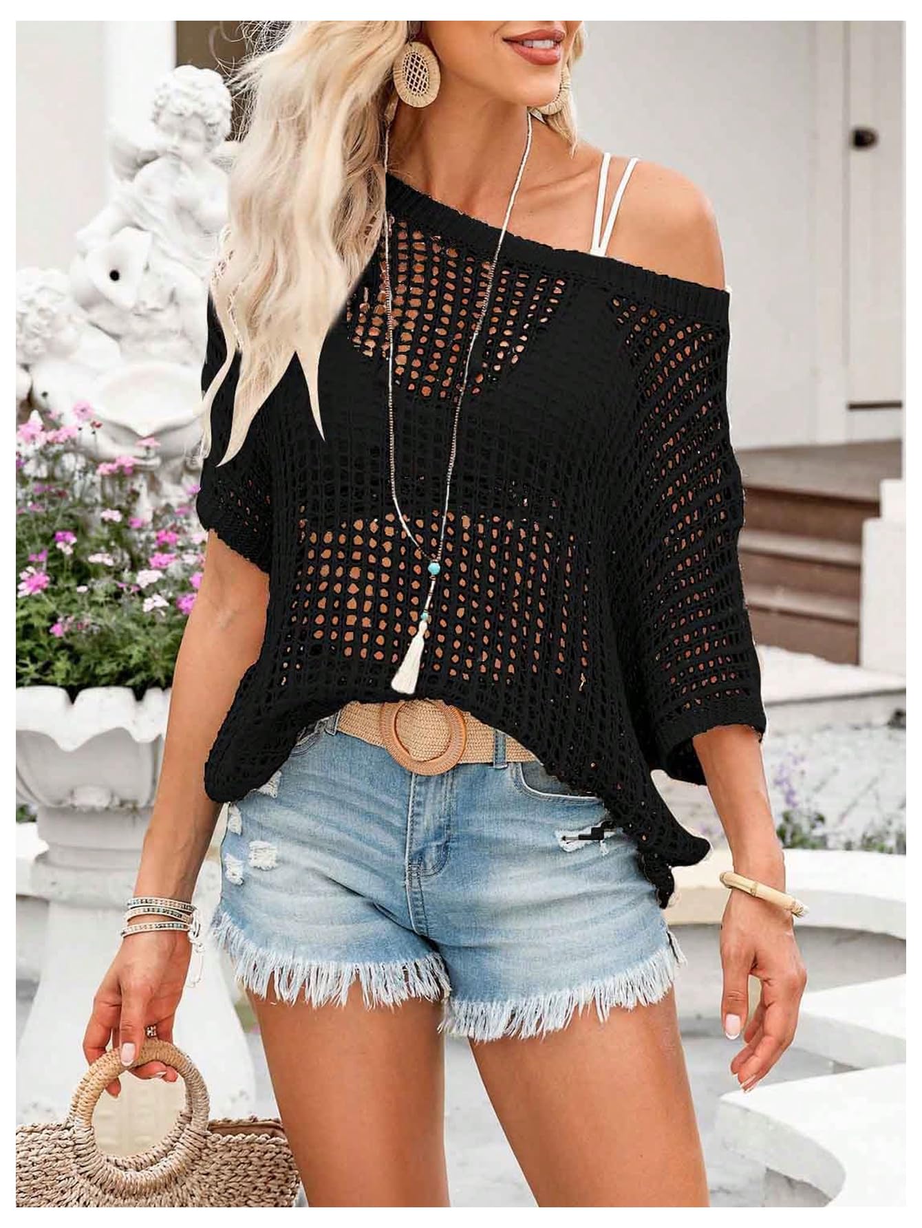 2025 Fashion Hollow Out Scoop Neck Pullover Knit Tops