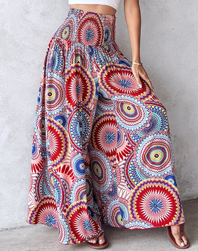 Floral Print High Waist Shirred Wide Leg Pants