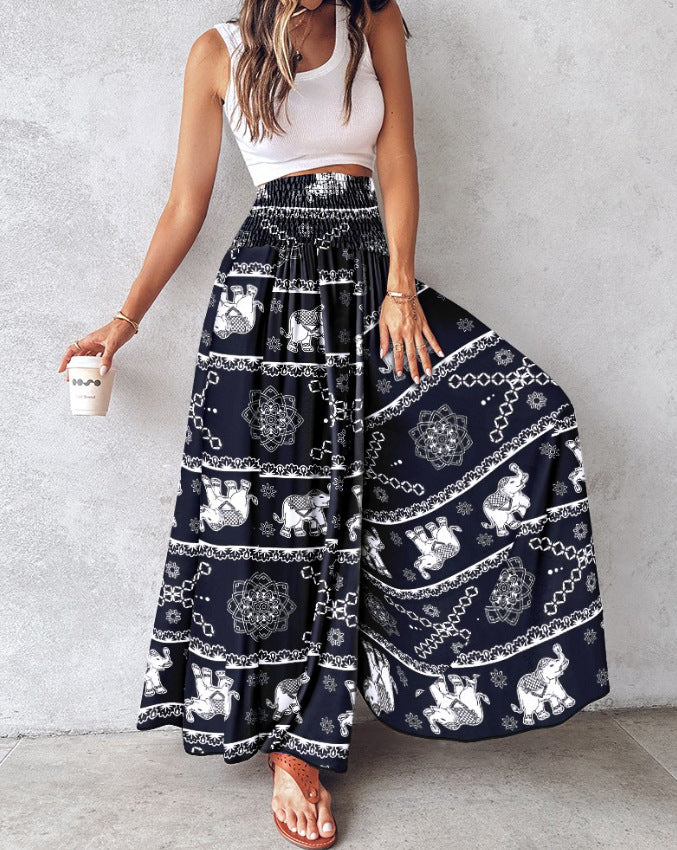 Floral Print High Waist Shirred Wide Leg Pants