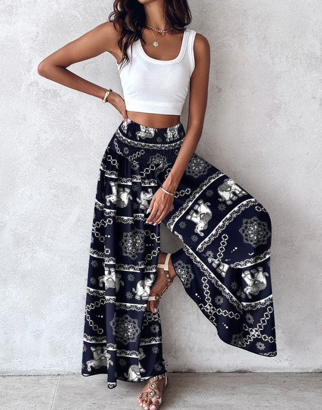 Floral Print High Waist Shirred Wide Leg Pants